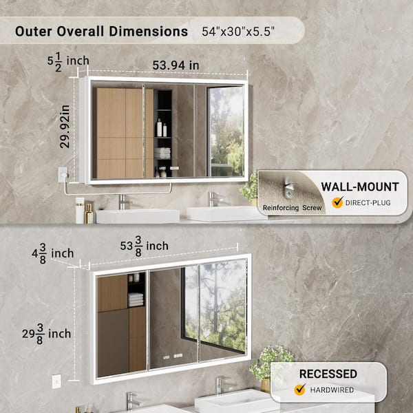 Anglora 54 in. W x 30 in. H LED Beveled Edge Rectangular Aluminum Recessed/Surface Wall Medicine Cabinet with Mirror