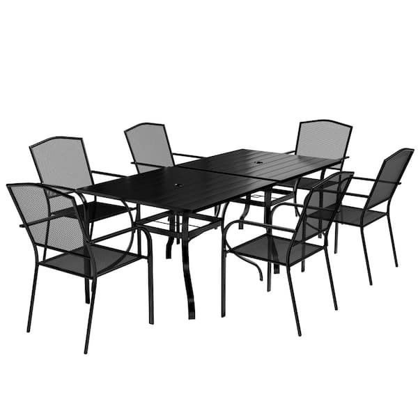 Clihome 8-Piece Metal Outdoor Dining Set, 6 Chairs + 2 Tables, Mesh Steel Design with Umbrella Hole, Rust-Resistant