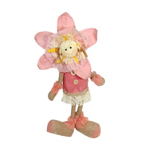 13.5 in. Pink Cream and Tan Spring Floral Standing Sunflower Girl Decorative Figure