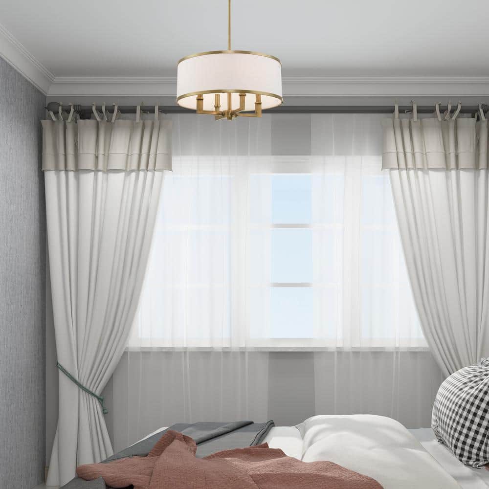 Mini Drum 4-Light Chandelier in Antique Brass with Off-White Shade