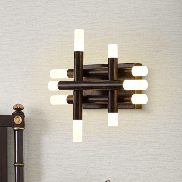 Kyoto 8-Light Dark Walnut Integrated LED Scandi Minimalist Wall Sconce, Dimmable Geometric Wall Light Fixture