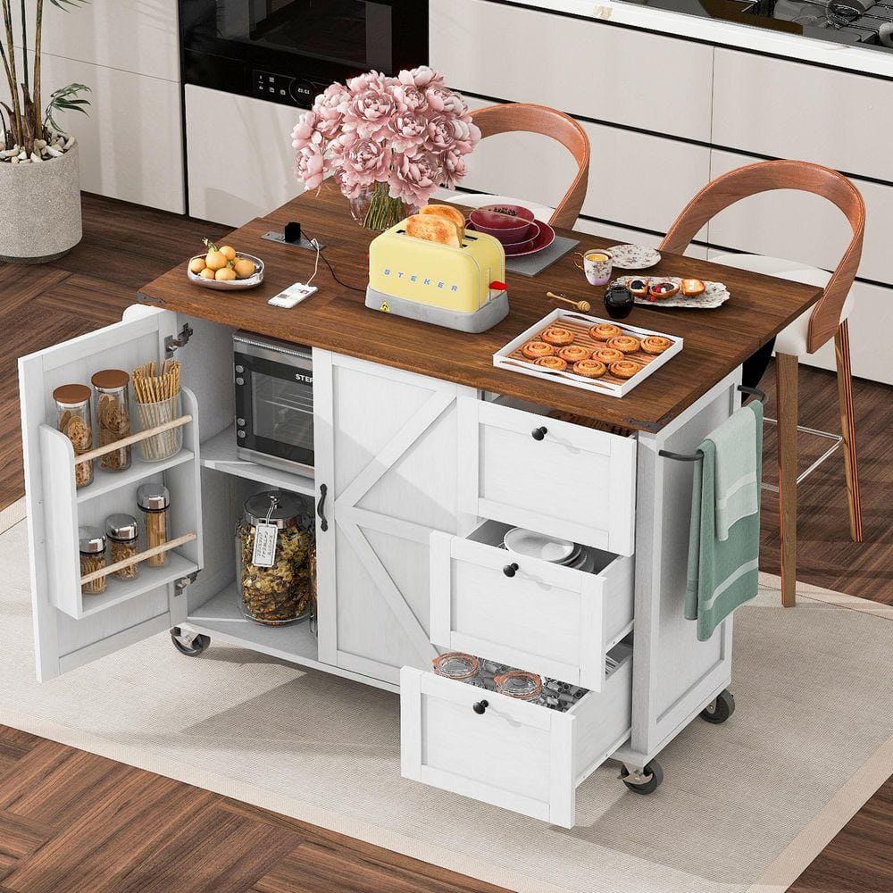 Farmhouse White Wood 54.5 in. Kitchen Island Cart with Power Outlet, Internal Storage Racks, Drop Leaf and Wheels