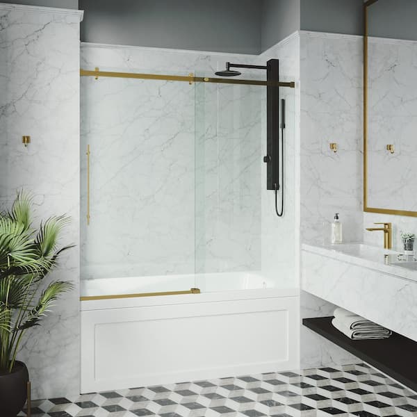 VIGO Luca 56 to 60 in. W x 58 in. H Sliding Frameless Tub Door in Matte Brushed Gold with 3/8 in. (10mm) Clear Glass