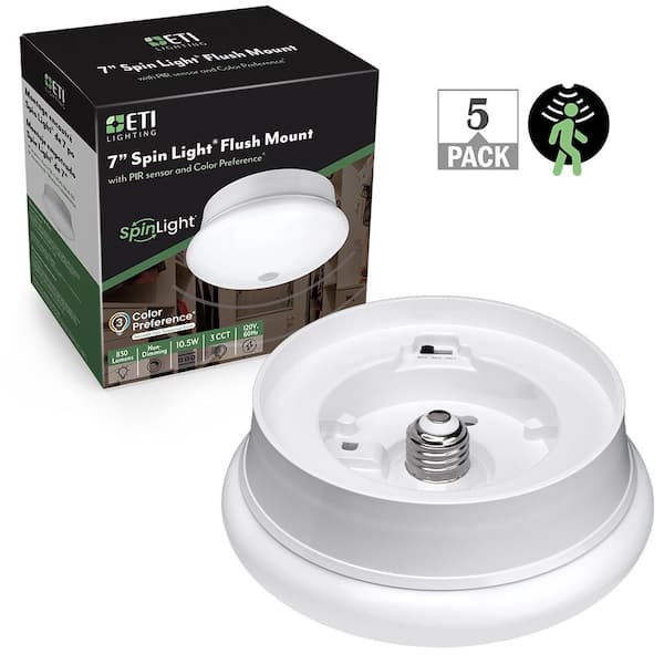 ETI LIGHTING 7 in. Spin Light LED Flush Mount Motion Sensing Light Fixture Adjustable CCT 830 Lumens Screw Into Lamp Holder 5-Pack