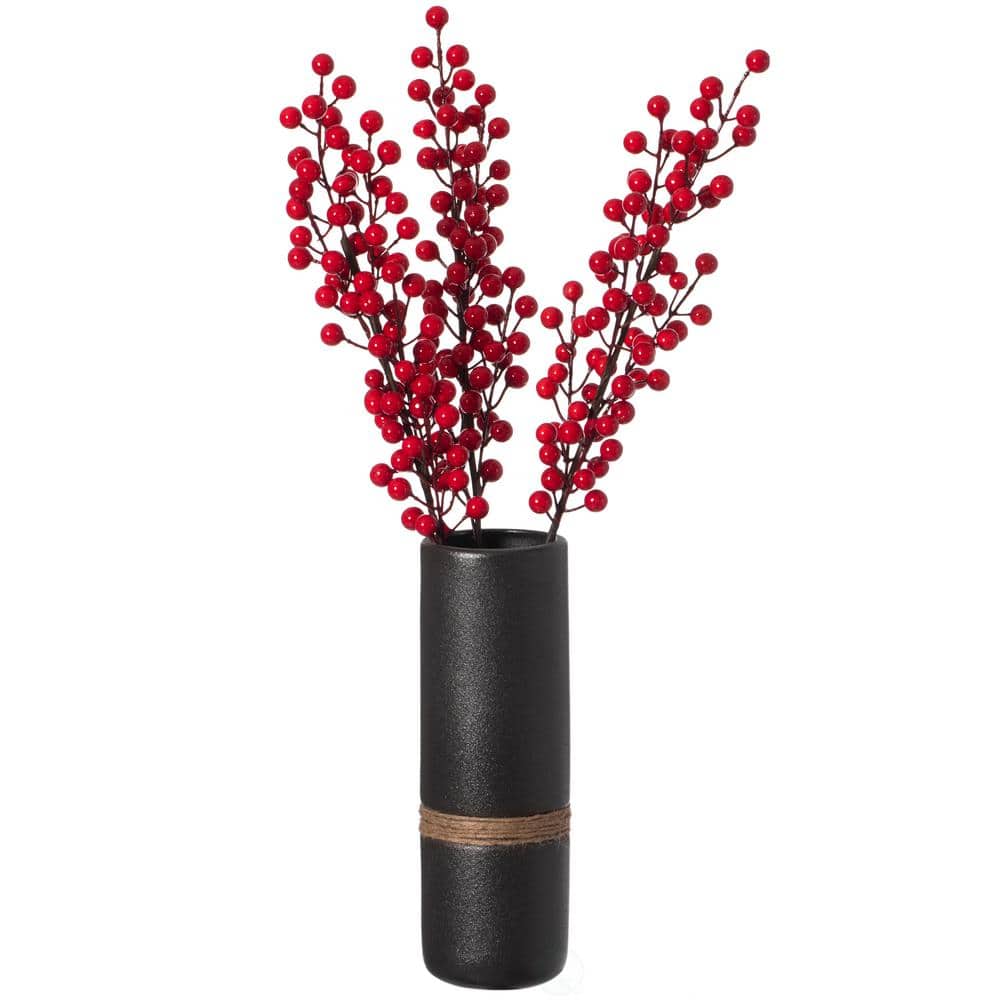 Elegant Cylinder Ceramic Table Vase in Black with Decorative Rope
