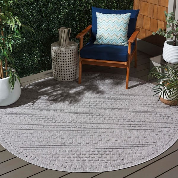 Milos Gray 7 ft. x 7 ft. High-Low Geometric Striped Round Indoor/Outdoor Area Rug