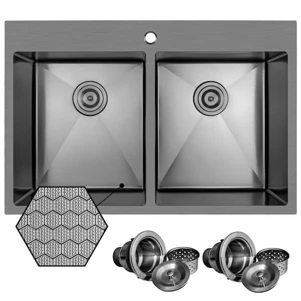 HEX 33 in. Drop-in Double Bowl Gunmetal Black Stainless Steel Kitchen Sink