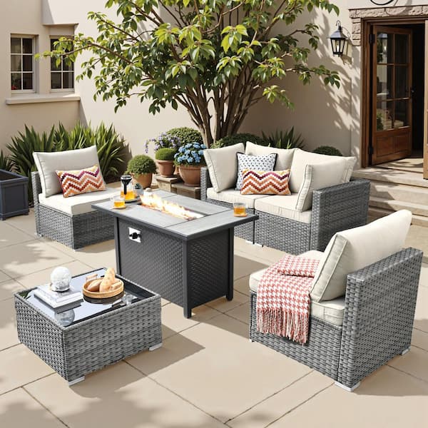Toject Sanibel Gray 6-Piece Wicker Outdoor Patio Conversation Sofa Sectional Set with a Metal Fire Pit and Beige Cushions