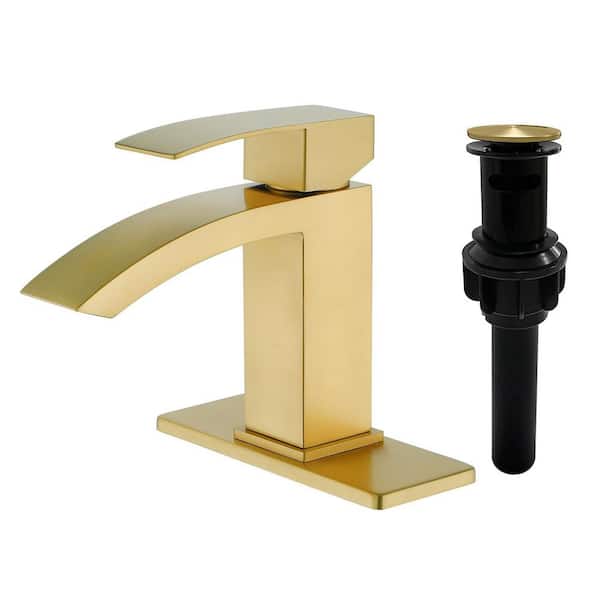 Waterfall Single Handle Single Hole Bathroom Faucet with Pop-Up Drain in Brushed Gold