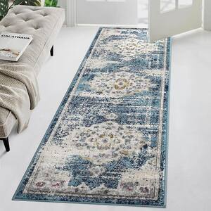 Vintage Low Pile Non-Shedding Distressed Mat in Blue 2 ft. 3 in. x 7 ft. 3 in. Boho Medallion Area Rugs