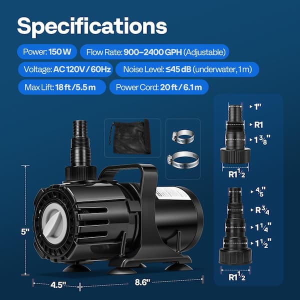 VIVOHOME 900-2400 GPHAdjustable Flow Submersible Pond Pump with