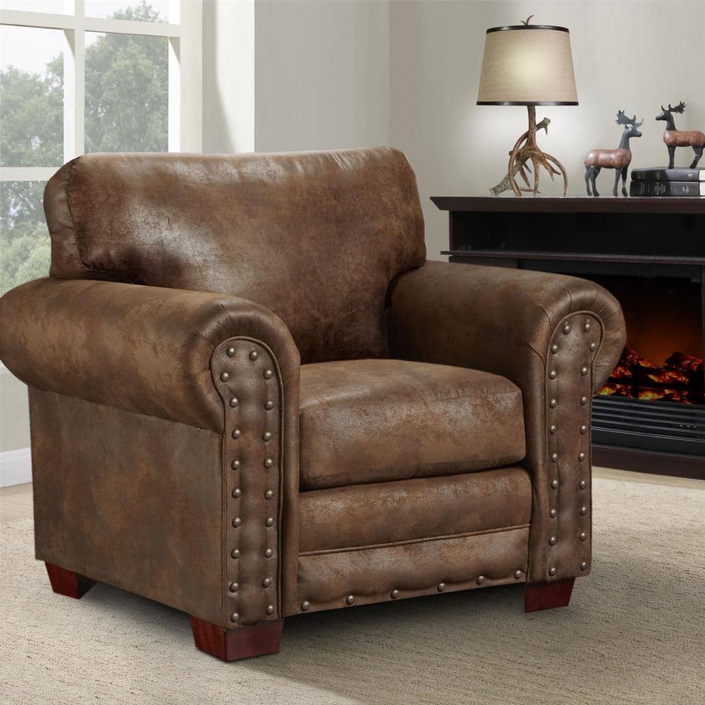 Buckskin Elegance Rustic Brown Microfiber Arm Chair with Antique Brass Accents