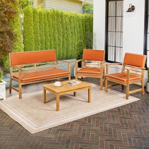 Barclay 4-Piece Modern Coastal Acacia Wood Conversation Outdoor Patio Set with Orange/Teak Brown Cushions