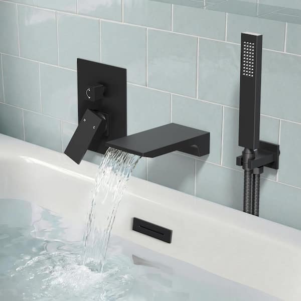 2-Handle Wall Mount Waterfall Roman Tub Faucet 5 GPM with Hand Shower Bathtub Faucet in Matte Black(Valve Included)