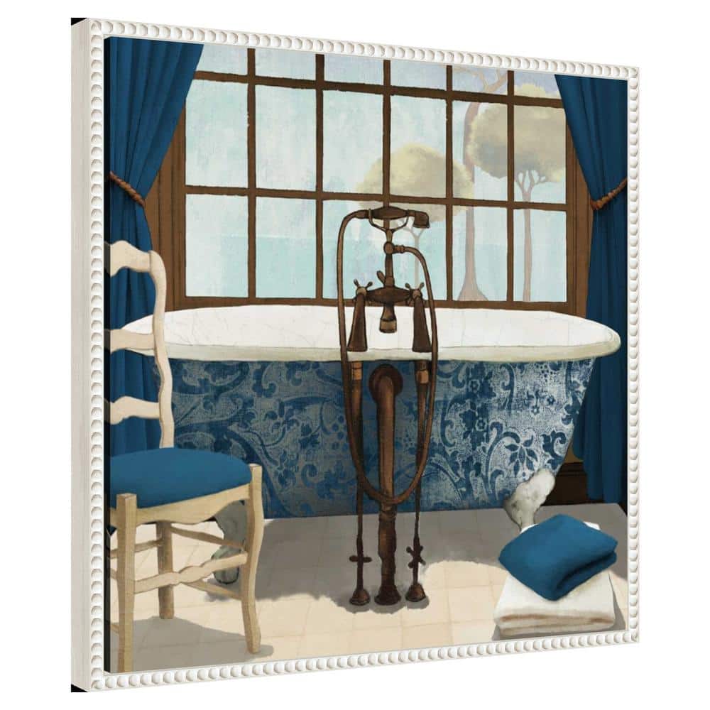 Blue and White Framed Canvas Wall Art with Bathtub Scene