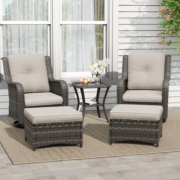 5-Piece Wicker Outdoor Patio Conversation Set Swivel Rocking Chair Set with Beige Cushions