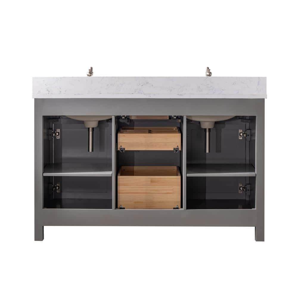 Gray and White 54'' Double Freestanding Bathroom Vanity with Engineered Stone Top
