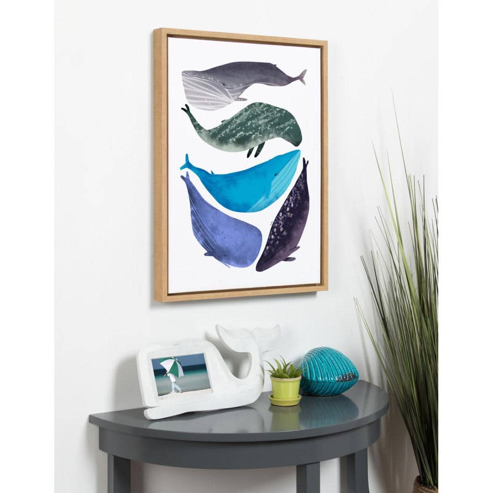 Sylvie Whales Blue and Green Canvas Print with Natural Frame