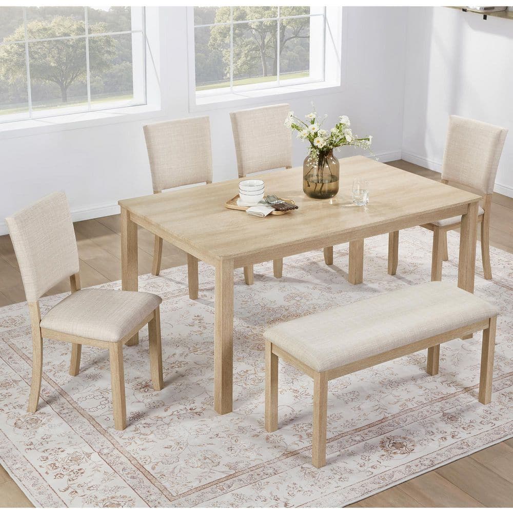 Modern 6-Piece Dining Set with Bench, Light Oak Rectangular Table and 4 Upholstered Beige Chairs
