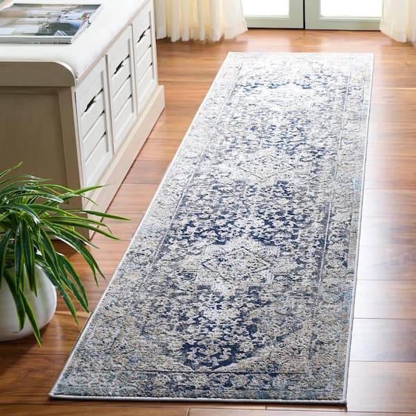 Vogue 2 ft. x 8 ft. Navy/Beige Distressed Border Runner Rug