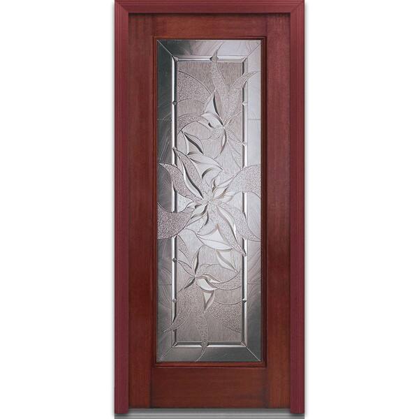 MMI Door 36 in. x 80 in. Lasting Impressions Right-Hand Full Lite Decorative Stained Fiberglass Mahogany Prehung Front Door