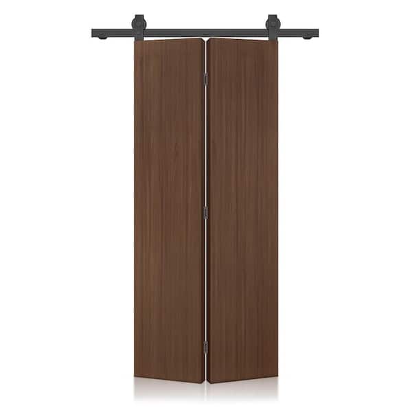 22 in. x 88 in. Hollow Core Walnut Composite Texture Bi-fold Door with Sliding Barn Door Hardware Kit