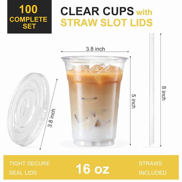 16 oz. Disposable Plastic Cups with Lids and Straws for Iced Coffee, Smoothie, Milkshake, Cold Drinks, Clear (100-Pack)