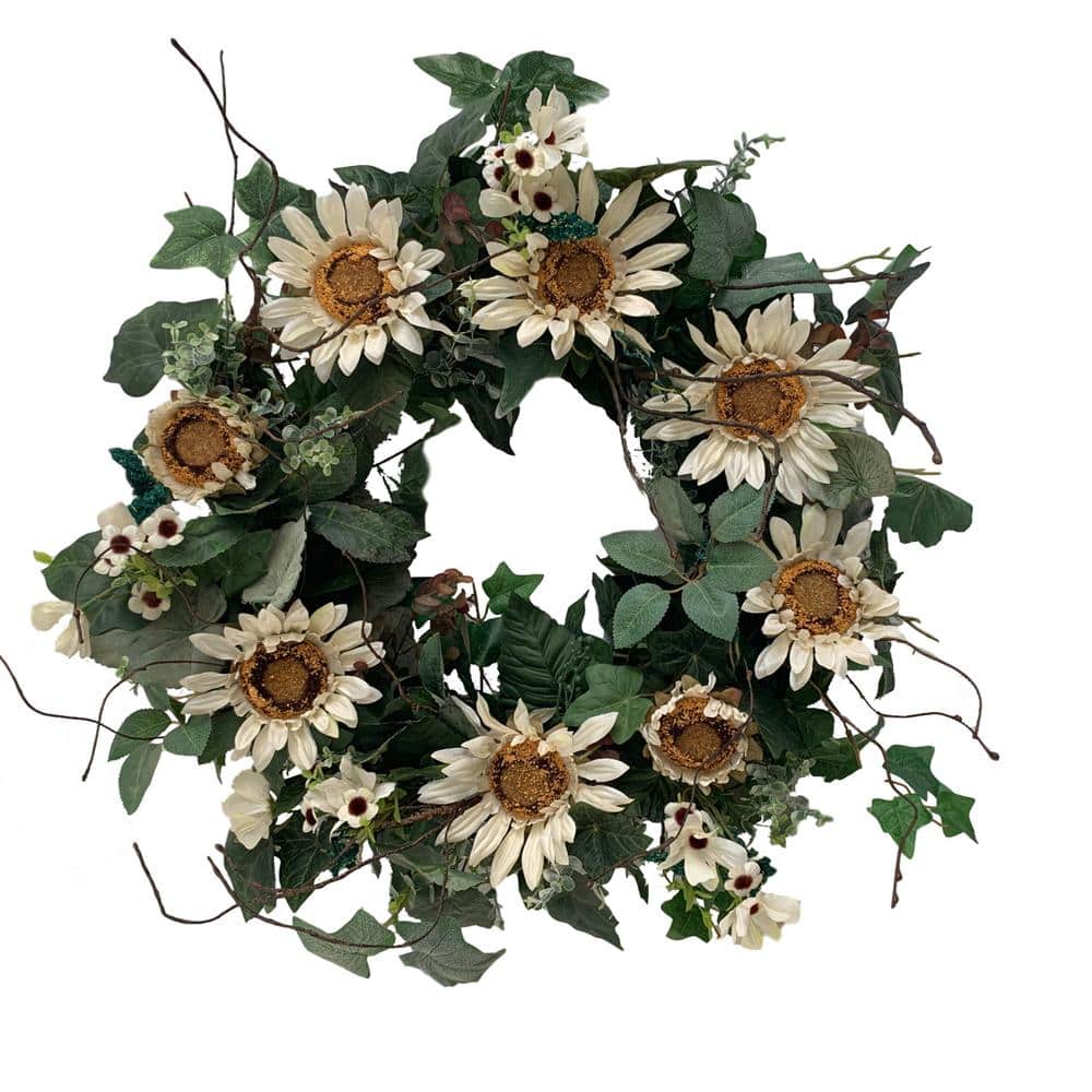 24 in. Unlit Green Artificial Wreath with White Cream Sunflowers price history on PriceWatchPro
