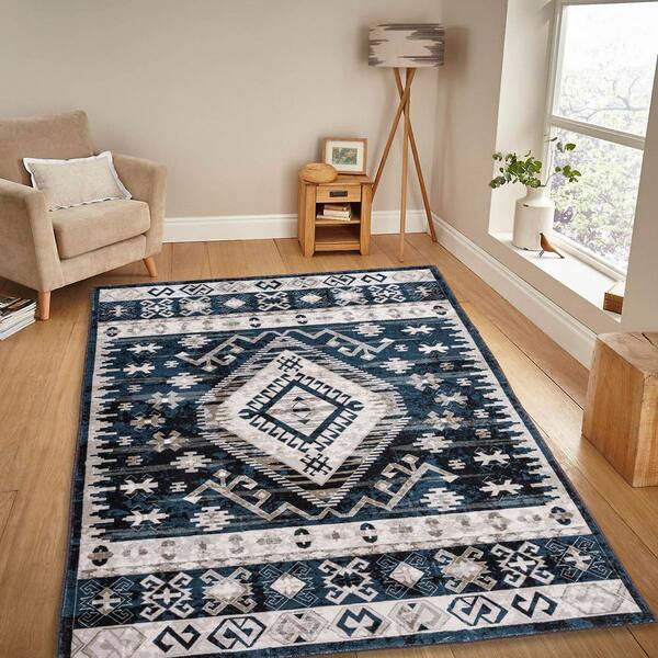8 ft. x 9 ft. Black Blue Abstract Washable for Bedroom, Living Room, Entryway Area Rug