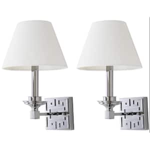 Elvira 4.75 in. 2-Light Chrome Greek Key Wall Indoor Sconce with White Shade (Set of 2)
