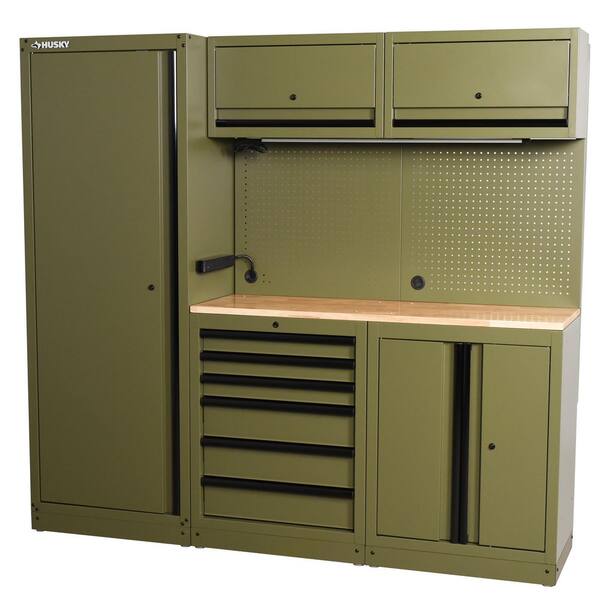80.2 in. W x 75 in. H x 19.2 in. D Steel 8-Piece Garage Storage System in Matte Army Green with Solid Wood Worktop