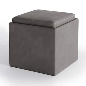 Rockwood 17 in. Wide Contemporary Square Cube Storage Ottoman with Tray in Distressed Slate Grey Faux Air Leather