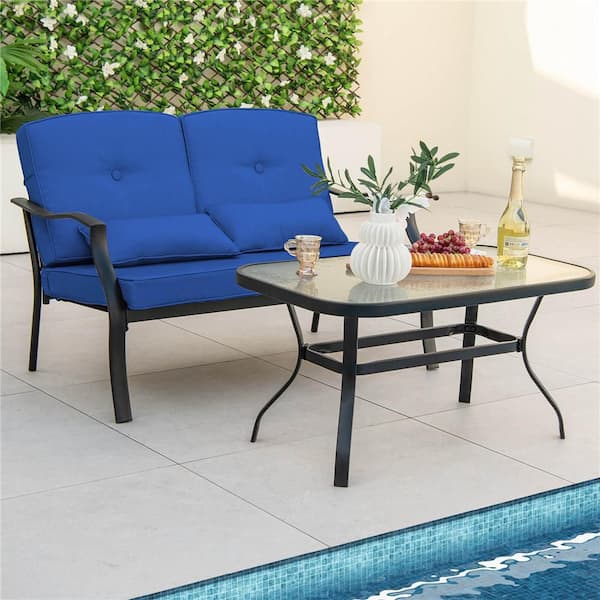 Black Metal Outdoor 2-Piece Loveseat with Blue Cushions