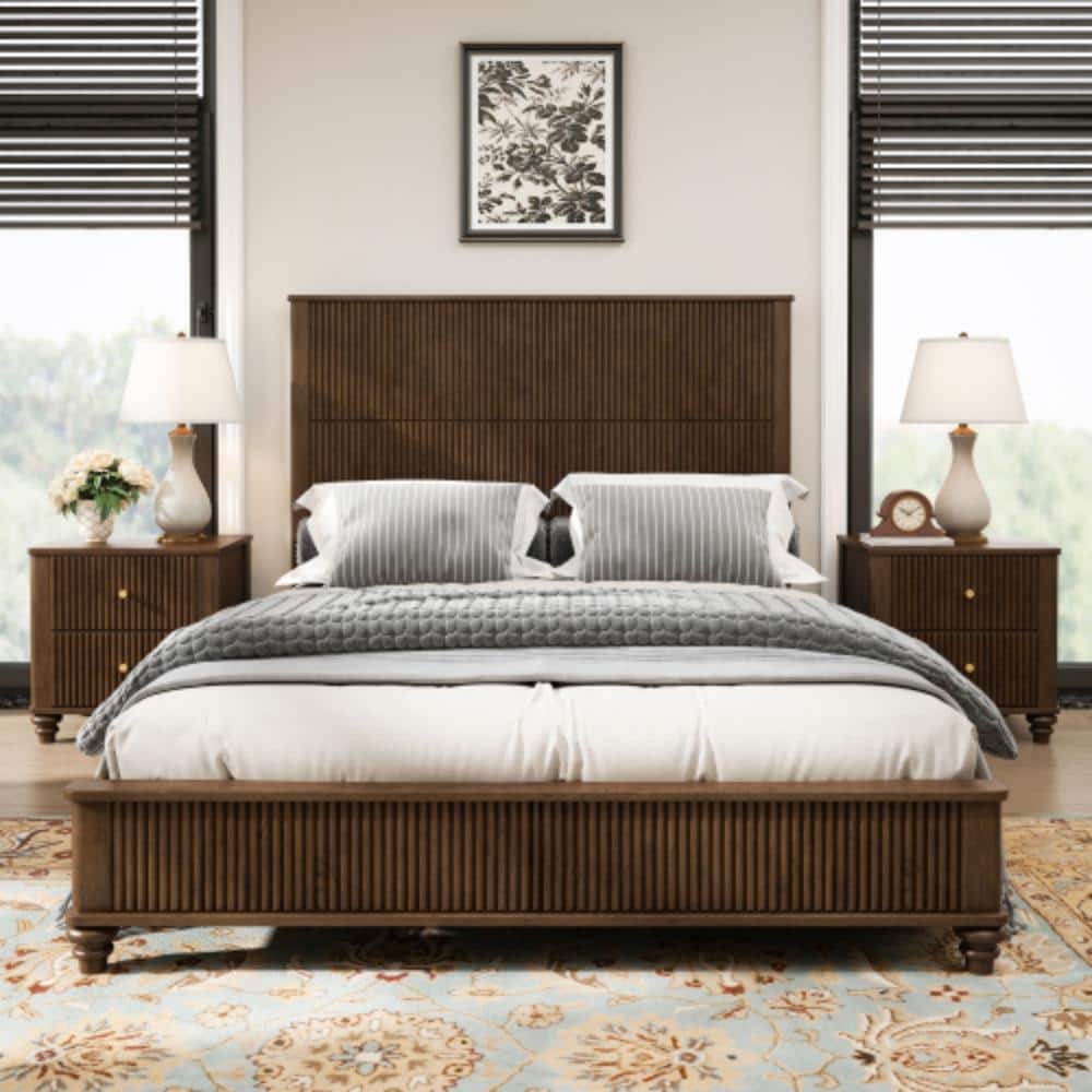 Queen Solid Wood Platform Bed with Tall Headboard, Walnut Bed Frame, No Box Spring Needed