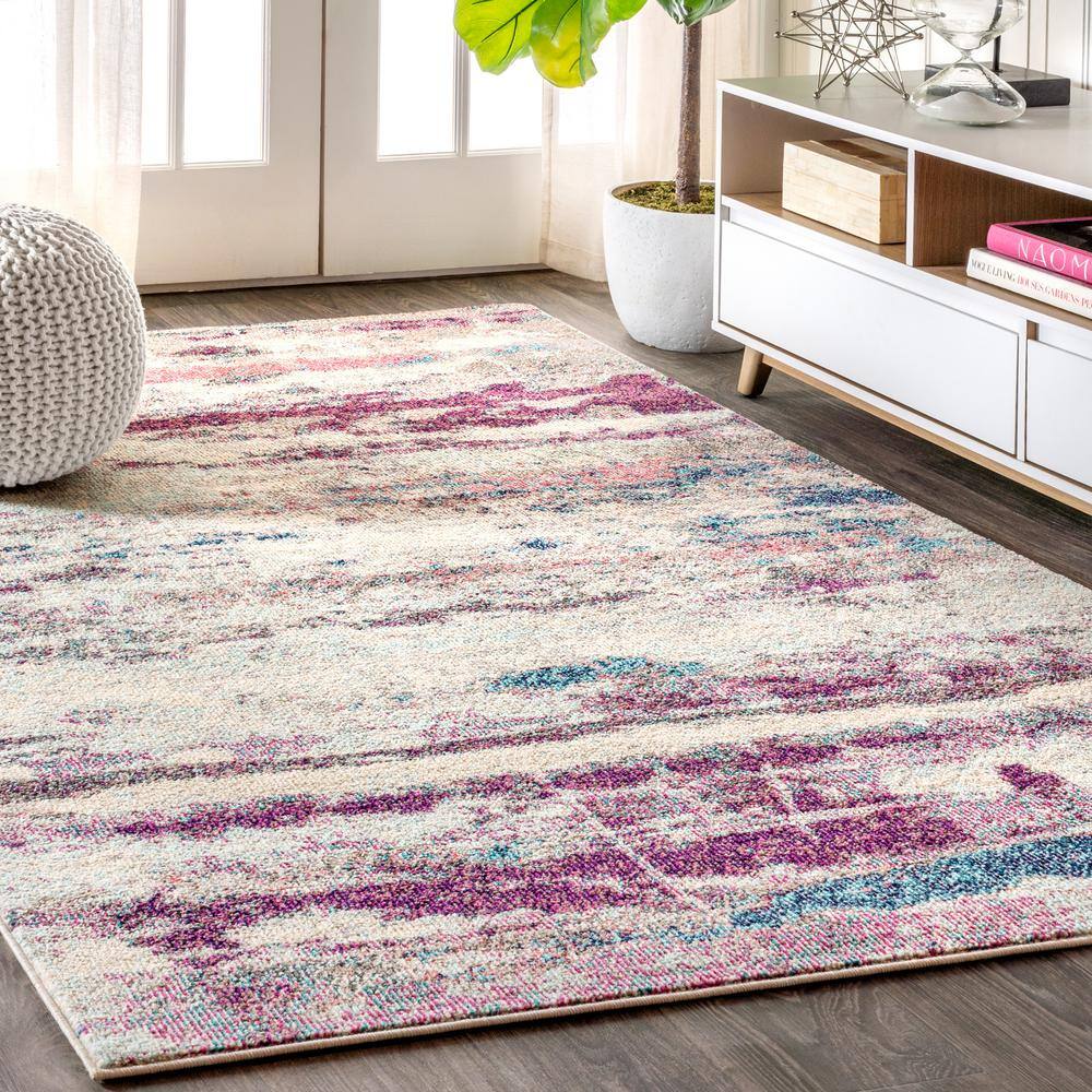 Contemporary POP Modern Abstract Brushstroke Cream/Pink 5 ft. x 8 ft. Area Rug