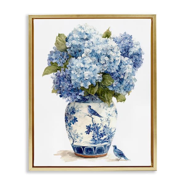 Blue Bird & Hydrangea Vase Gold Framed Floater Canvas Wall Art, design by Imagine It Images