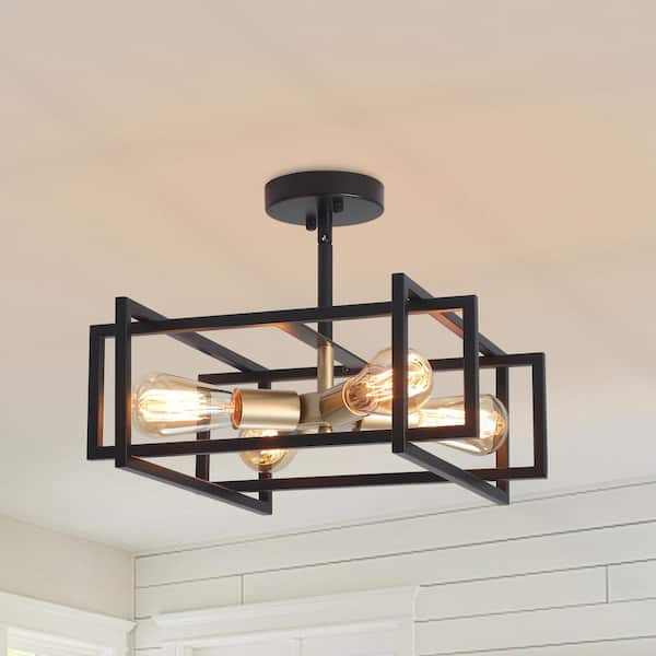 LWYTJO 15 in. 4-Light Black/Gold Semi-Flush Mount Light with Rustic Accent Square Cage for Dining Room, No Bulb Included
