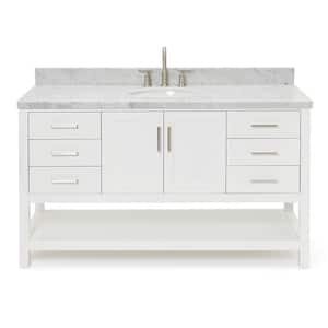 Magnolia 61 in. W x 22 in. D x 36 in. H Bath Vanity in White with Carrara Marble Vanity Top in White with White Basin