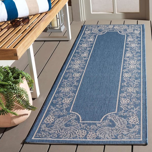 Courtyard Blue/Natural Doormat 3 ft. x 5 ft. Border Indoor/Outdoor Patio Area Rug