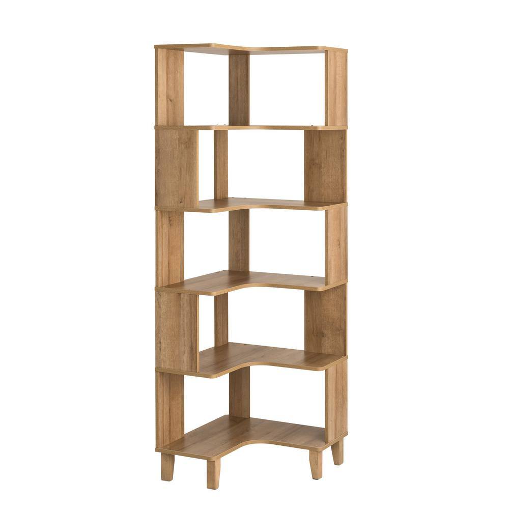 Natural Oak 6-Tier Corner Wood Bookcase with Open Back