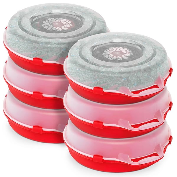 24 Inch Seasonal Holiday Christmas Plastic Wreath Storage Box, Red (6 Pack)