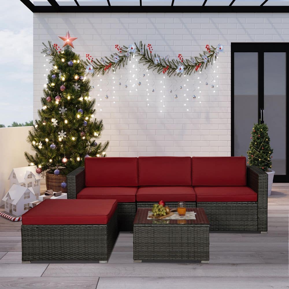 Garden Patio Furniture 5-Piece Gray PE Rattan Wicker Outdoor Sectional Sofa