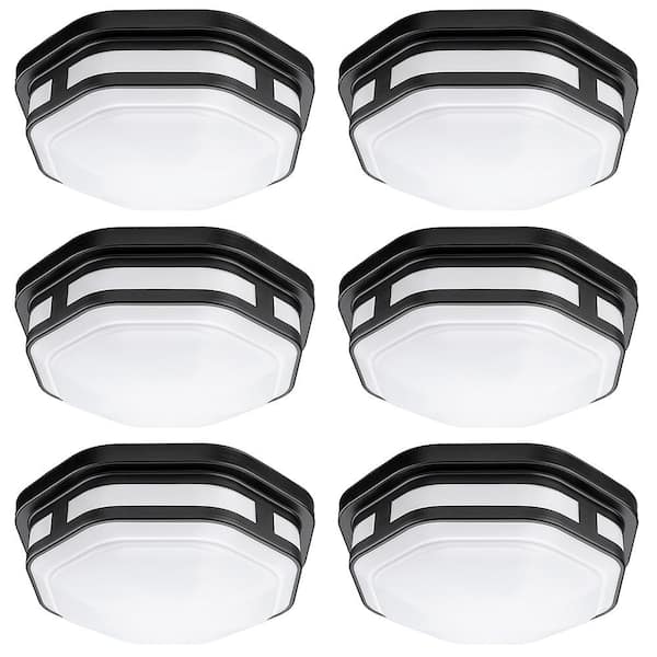 11 in. 1-Light Black Octagon LED Indoor Outdoor Flush Mount Porch Deck Light 830 Lumens 3000K 4000K 5000K (6-Pack)