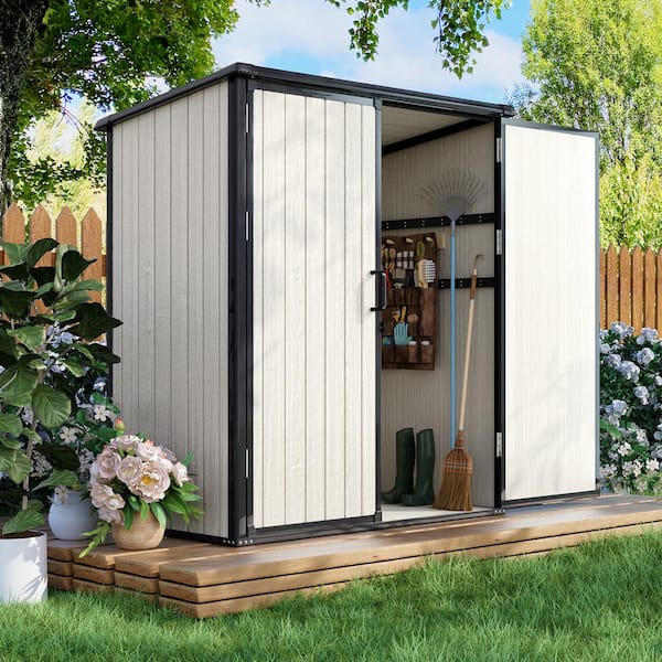 5 ft. W x 3 ft. D Khaki Outdoor Storage Plastic Resin Shed with Double Door and Floor (15 sq. ft.)