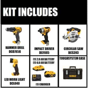 20-Volt MAX Lithium-Ion Cordless Combo Kit (4-Tool), 2Ah Battery, 4Ah Battery, Charger, with Tough System Case