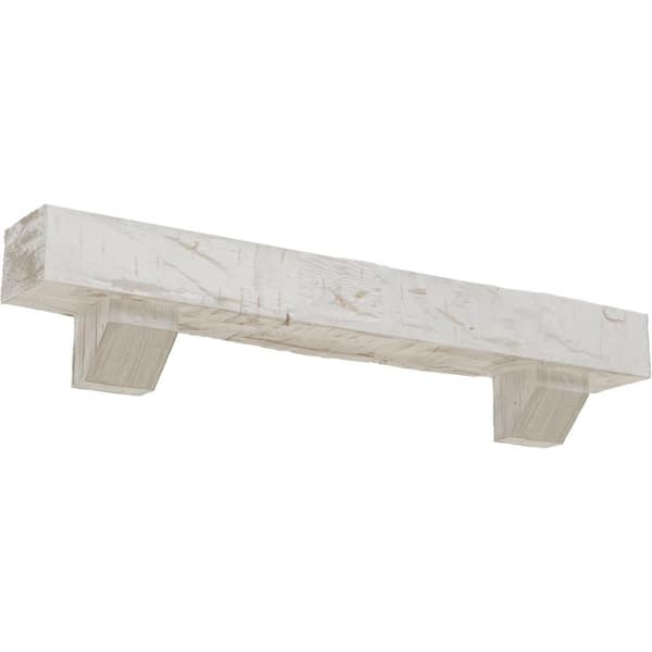 Ekena Millwork 4 in. x 8 in. x 5 ft. Hand Hewn Faux Wood Fireplace Mantel Kit, Ashford Corbels, Factory Prepped Ready to Paint