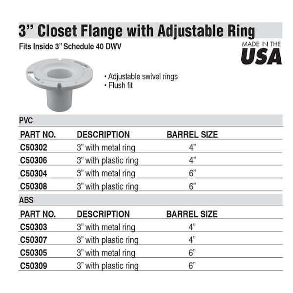 JONES STEPHENS - 7 in. O.D. ABS Closet (Toilet) Flange with 6 in. Long Barrel and Plastic Adjustable Ring, fits Inside 3 in. Sch. 40 Pipe
