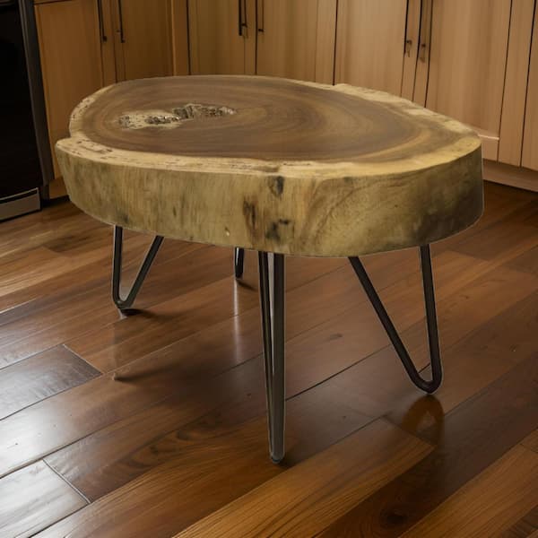 Benjara 23.5 in. Brown and Black Other Wood End Table with Metal Legs and Live Edge
