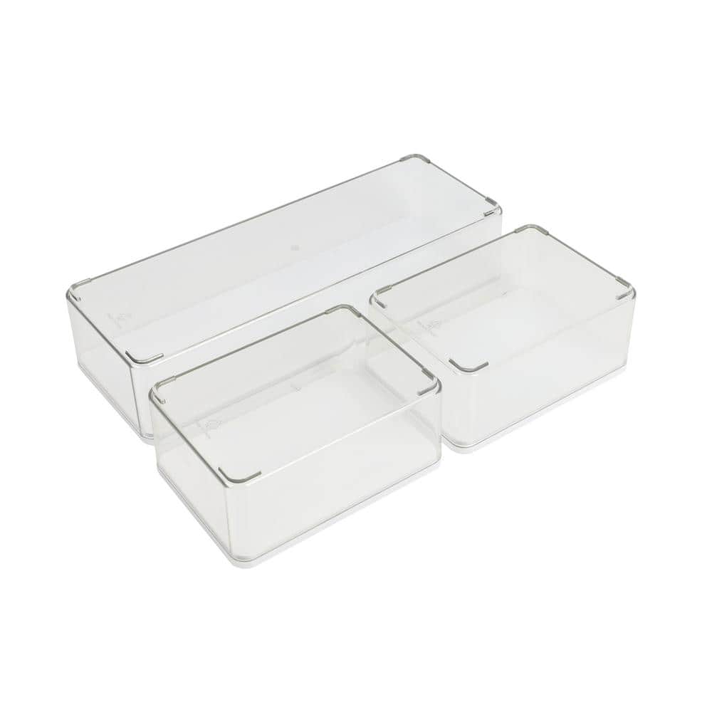 Clear Plastic Stackable Storage Boxes with White Lids, Set of 3