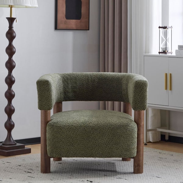 Alcott Olive Green Boucle Fabric Upholstered Solid Wood Accent Arm Chair